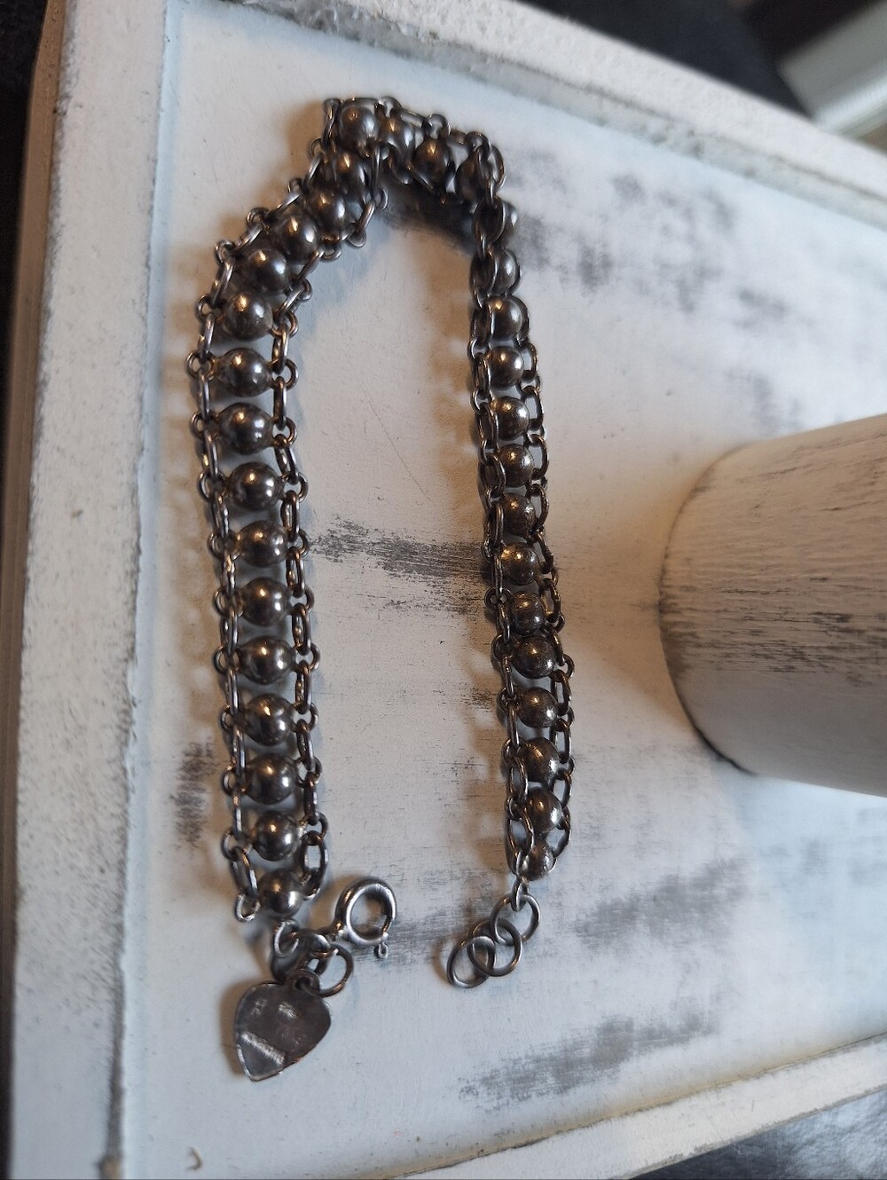 Vintage 925 Sterling Silver Bracelet w/ Tiny Heart Pendant Hong Kong Unique Link